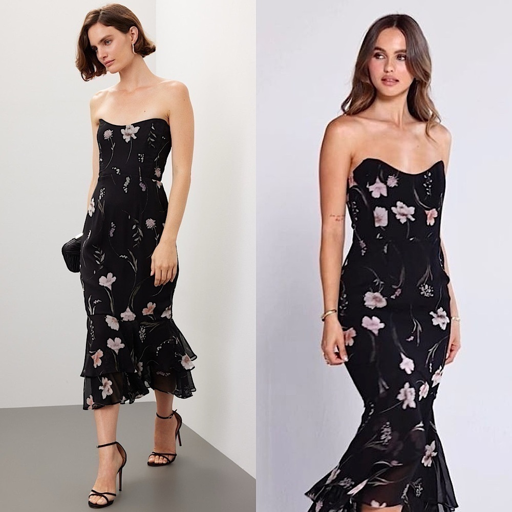 KATIE MAY Floral Chiffon Strapless Ruffle Tiered Hem Fitted Sheath Midi Gown M